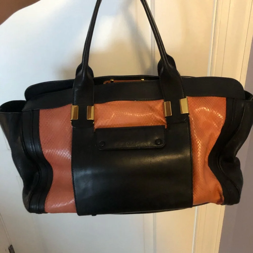 Chloé Black and Coral Pink Leather Tote